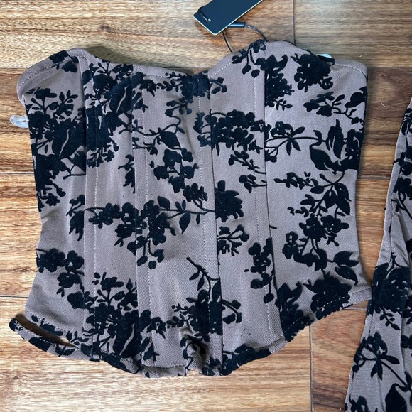 Fashion Nova Swynn Serenity Brown Floral Velvet Corset Top & Midi Skirt Set - Picture 2 of 10